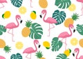 Seamless pattern of cute flamingo with tropical leaf ,lemon and pineapple on white background Royalty Free Stock Photo