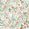 watercolor seamless pattern with cute flowers and leaves. abstract print with small drawings. pink daisies and green leaves