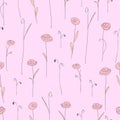 Seamless pattern with cute flowers. Light pink background with stylized roses. Royalty Free Stock Photo