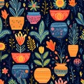 Seamless pattern with cute flowers in pots. Vector illustration