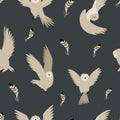 Seamless pattern with cute flying owls and hand drawn decorative elements