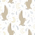 Seamless pattern with cute flying owls and hand drawn decorative elements