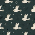 Seamless pattern with cute flying owls and hand drawn decorative elements