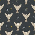 Seamless pattern with cute flying owls and hand drawn decorative elements