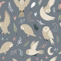 Seamless pattern with cute flying owls and hand drawn decorative elements