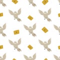 Seamless pattern with cute flying owls and mails Royalty Free Stock Photo