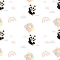 Seamless pattern with cute flying panda on balloons on white background with clouds and rainbow. Vector illustration Royalty Free Stock Photo