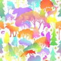 Seamless pattern with cute forest animals. Colored trees and beasts. Vector illustration