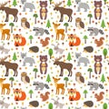 Seamless pattern with cute forest animals, mushrooms, leaves and Royalty Free Stock Photo