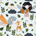 Seamless pattern with forest fairy and baby deer - vector illustration, eps Royalty Free Stock Photo