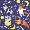 Seamless pattern with cute fox astronaut, raccoon, planets, stars and comets. Space Background for Kids. Animals in outer space