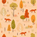 Seamless pattern cute Fox with autumn forest.Vector illustration of an abstract background of a forest landscape Royalty Free Stock Photo