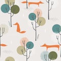 Seamless pattern cute Fox with autumn forest.Vector illustration of an abstract background of a forest landscape Royalty Free Stock Photo