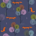 Seamless pattern cute Fox with autumn forest.Vector illustration of an abstract background of a forest landscape Royalty Free Stock Photo