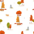 Seamless pattern cute Fox with autumn forest.Vector illustration of an abstract background of a forest landscape Royalty Free Stock Photo