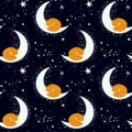 Seamless pattern with cute fox sleepping on the half moon with a star. Illustration for banner, sticker and poster for baby rooms