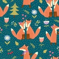 Seamless pattern with cute foxes in the woods. Vector forest texture Royalty Free Stock Photo