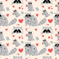 Seamless pattern with cute friendly raccoon. Vector illustration in flat style