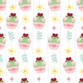 Seamless pattern of cute frog cupcake with flower and leaf on white background.Reptile Royalty Free Stock Photo