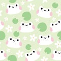 Seamless pattern of cute frog face with flower and lotus leaf on pastel background Royalty Free Stock Photo