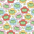 Seamless pattern of cute frog flower head with leaf background.Reptile animal