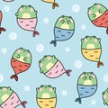 Seamless pattern of cute frog in mermaid costume in sea background.Funny reptile