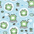 Seamless pattern of cute frog play soap bubble on the stone in the river Royalty Free Stock Photo