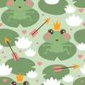 Seamless pattern with cute frog princess in love with crown and arrow vector illustration for kids Royalty Free Stock Photo