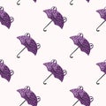 Seamless pattern cute frog umbrella. Background of funny accessory shape head toad in doodle style