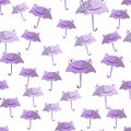 Seamless pattern cute frog umbrella. Background of funny accessory shape head toad in doodle style