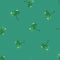 Seamless pattern cute frog umbrella. Background of funny accessory shape head toad in doodle style