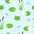 Seamless pattern with cute frogs and dragonflies. Vector background for kids. Royalty Free Stock Photo