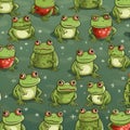 Seamless pattern with cute frogs on green background. Vector illustration