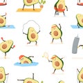 Seamless pattern with cute and funny avocado exercising on white background. Endless repeatable cartoon texture with Royalty Free Stock Photo