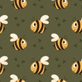 Seamless pattern, cute funny bees on a green summer background with leaves. Happy concept, childrens print, colorful background Royalty Free Stock Photo