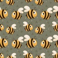 Seamless pattern, cute funny bees on a green summer background with leaves. Happy concept, childrens print Royalty Free Stock Photo