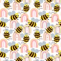 Seamless pattern, cute funny bees and rainbows. Children\'s textiles, print Royalty Free Stock Photo