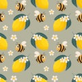 Seamless pattern, cute funny busy bees and lemons with white flowers on a beige background. Print, textile, for children Royalty Free Stock Photo