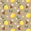 Seamless pattern, cute funny busy bees and lemons with white flowers on a beige background. Print, textile for children Royalty Free Stock Photo