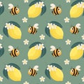 Seamless pattern, cute funny busy bees and lemons with white flowers on a green background. Print, textile for children Royalty Free Stock Photo