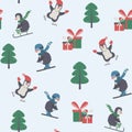 Seamless pattern of cute funny cartoon penguins skiing, sledging and skating with warm clothes. Winter vector baby illustration Royalty Free Stock Photo