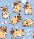 Cute funny pug pupies seamless pattern background