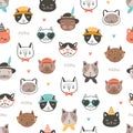 Seamless pattern with cute funny cat faces or heads wearing stylish accessories. Backdrop with cartoon animal muzzles on