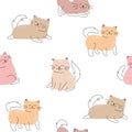 Seamless pattern with cute and funny cats. Cats with color in different poses pattern. Vector illustration of a cat and kittens