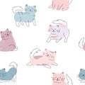 Seamless pattern with cute and funny cats. Cats with color in different poses.
