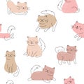 Seamless pattern with cute and funny cats. Cats with color in different poses. Vector illustration of a cat and kittens. Royalty Free Stock Photo