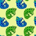 Seamless pattern with cute, funny chameleons show peace sign among foliage tropical leaves. kids, web pages, wrapping paper, Royalty Free Stock Photo