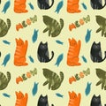 Seamless pattern of cute and funny colorful cats and toy fishes Royalty Free Stock Photo