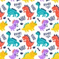 Seamless Pattern with cute funny dinosaur