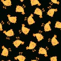 Seamless pattern. Cute funny farm animal for kids. Nursery print cartoon yellow little chick on black background. Royalty Free Stock Photo